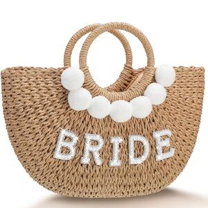 Bride Beach Bag Handwoven Straw Rhinestone Pearl Letters Handle Purse